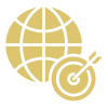 Globe and target icon on black background.