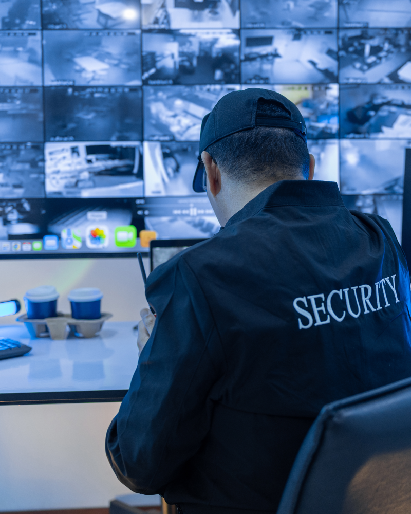 Security guard monitoring surveillance camera screens.