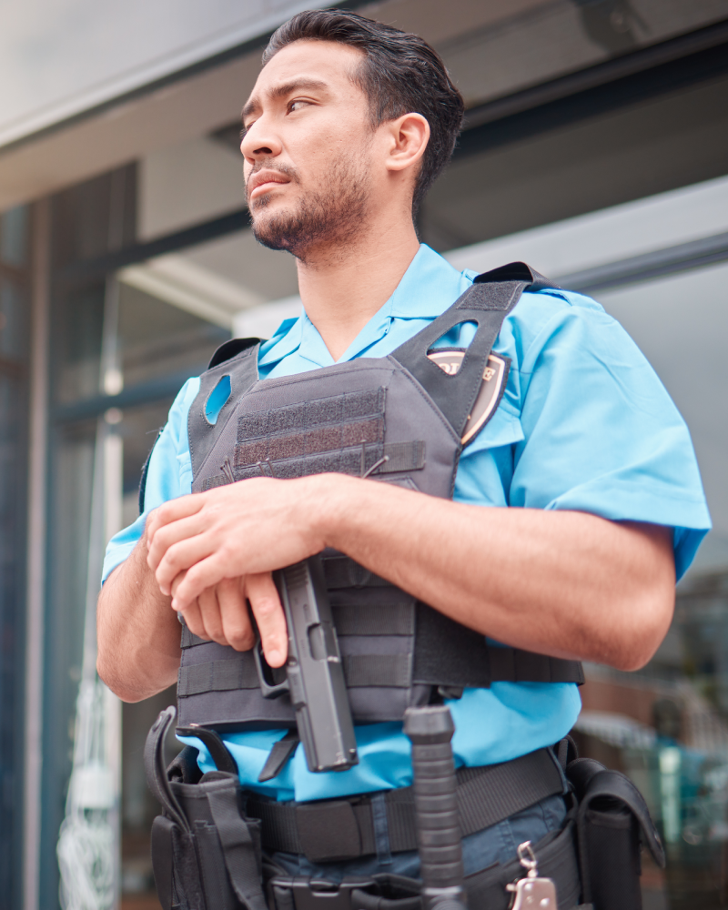 Security guard standing in uniform with gear.