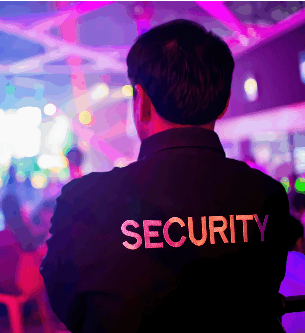 Security guard in a vibrant setting.